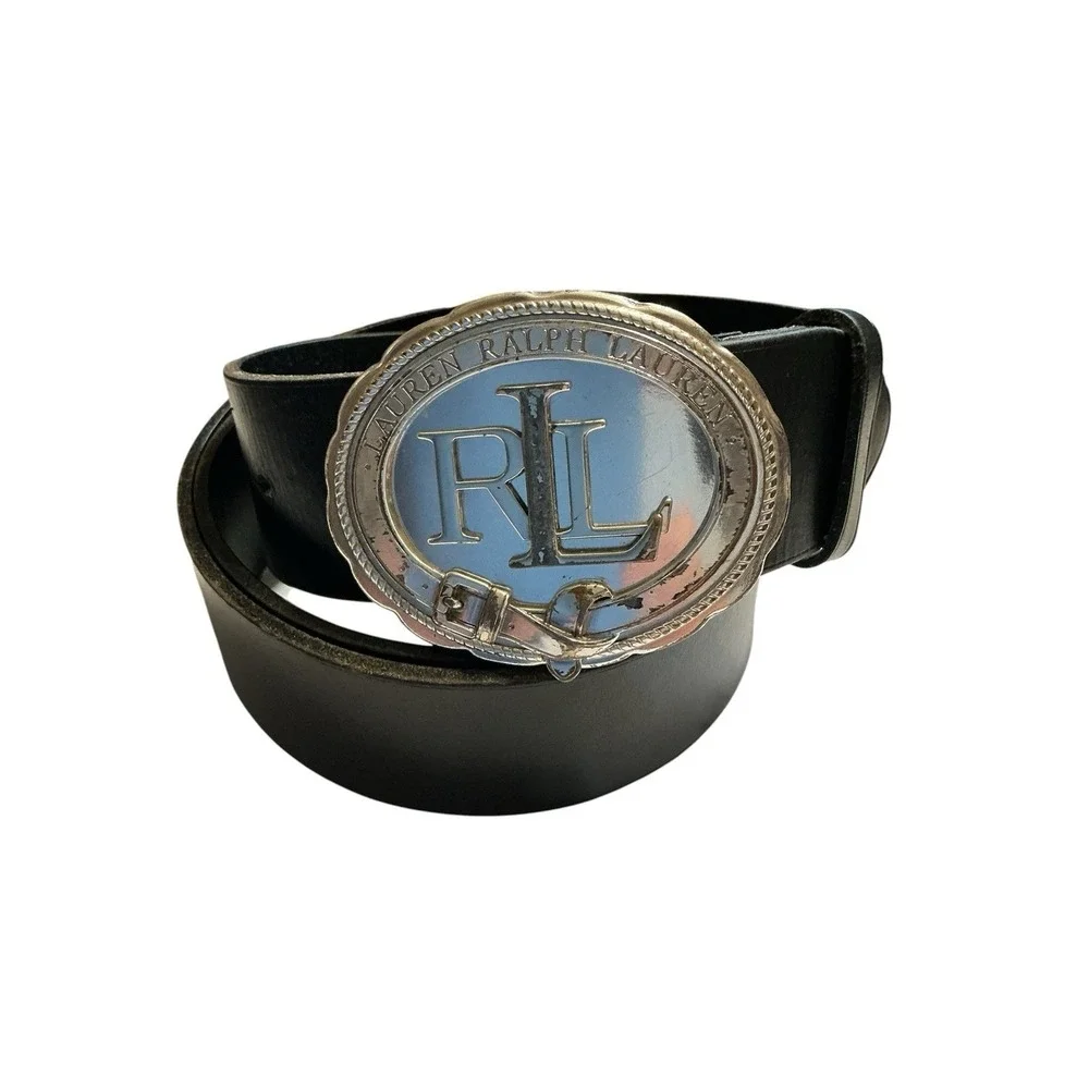 VTG Lauren Ralph Lauren Leather Belt Trophy Style Buckle Silver Tone Western RLL